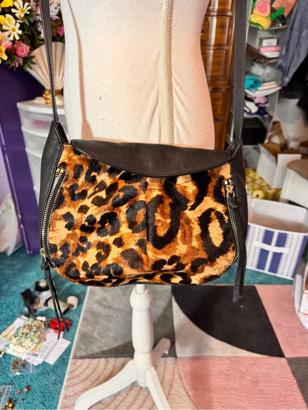 Vince Camuto Leopard-Print Shoulder Bag with Black Trim